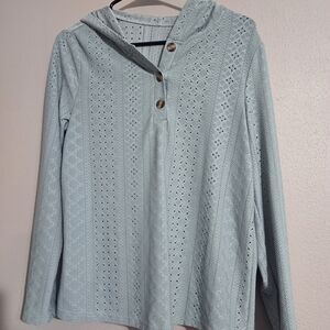 Light Blue Hooded Eyelet Knit Women's Top